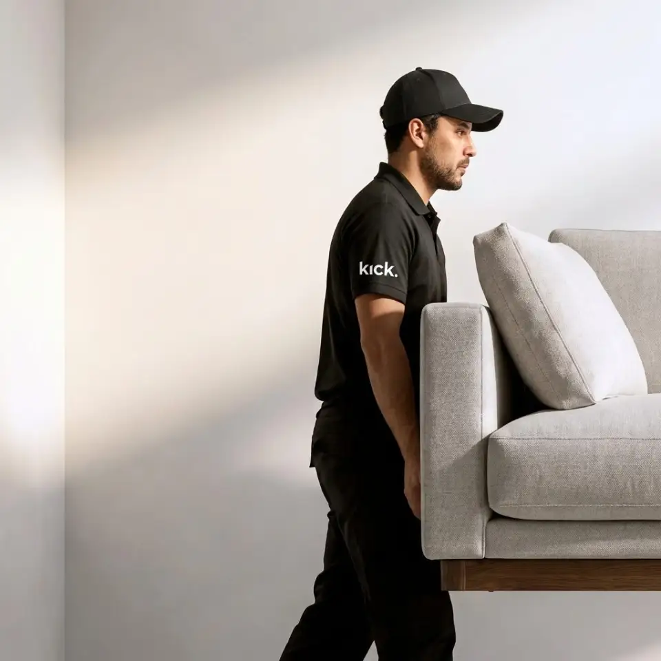 Un livreur Kick Collection apporte un canapé à l’intérieur