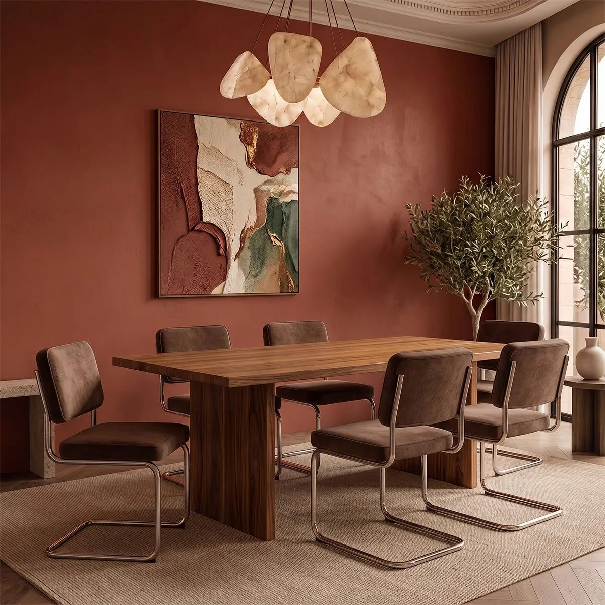 Chaises cantilever Noxx marron autour d’une table à manger en bois