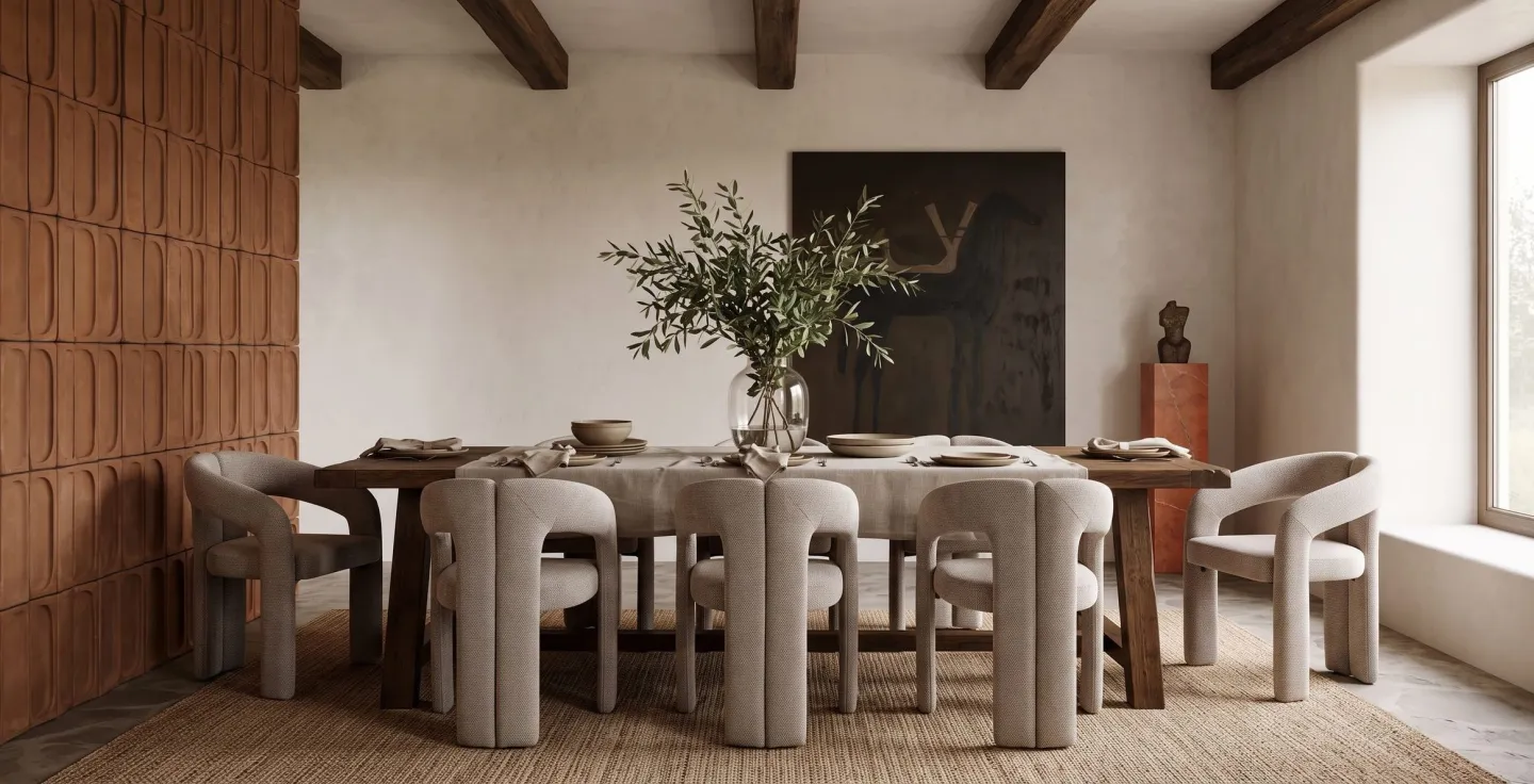 Chaises de salle à manger Ayu autour d’une longue table en bois